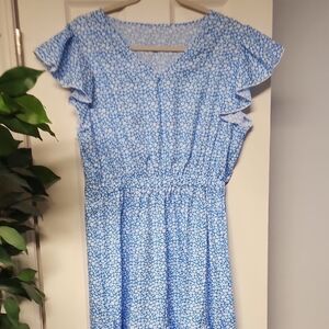 Blue Floral Ruffle Sleeve Maxi Dress